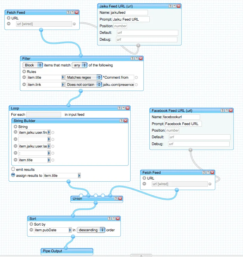 Facebook and Jaiku Status Updates in Yahoo Pipes
